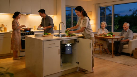 帝普森厨余垃圾处理器D66可用于三代同堂家庭（因用户隐私保护图为AI辅助创作）